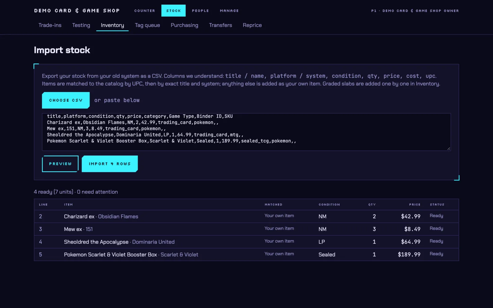 Import stock preview in Game Store Software showing four card and sealed rows ready to import