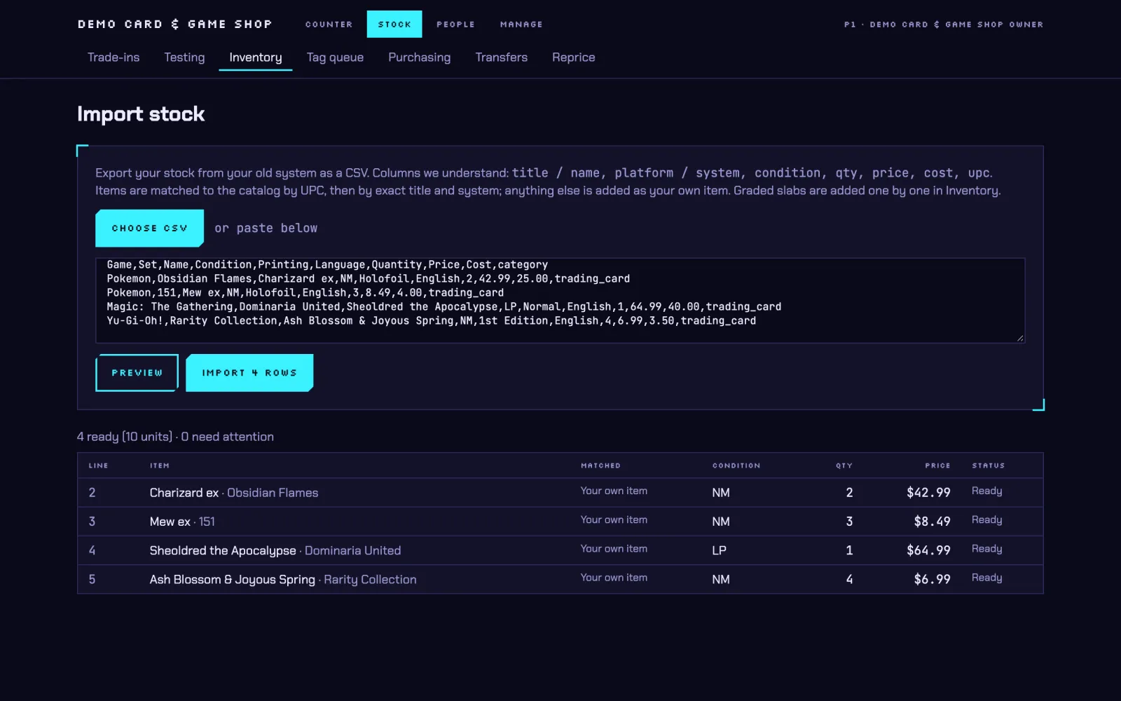 Import stock preview in Game Store Software showing four trading card rows from a SortSwift-style export, all ready