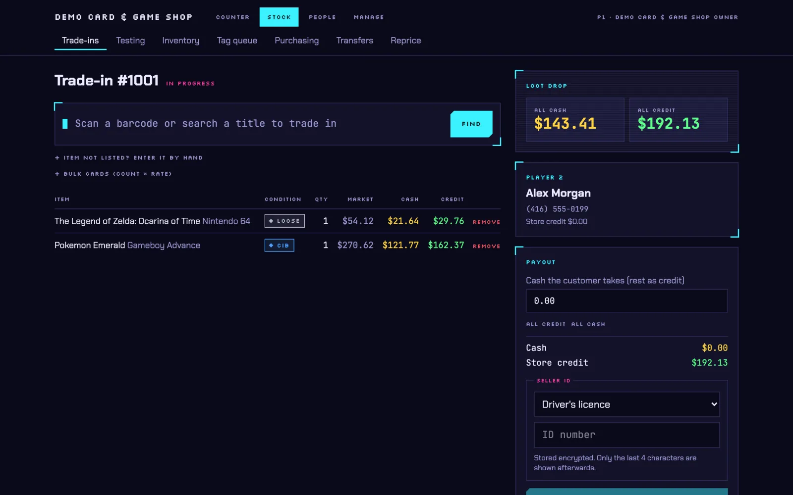 Game Store Software's trade-in counter with a cash offer and a store credit offer for two games